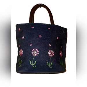 Embroidered Floral DARK WASH Denim Tote With Briwn Faux Leather Trim LNC